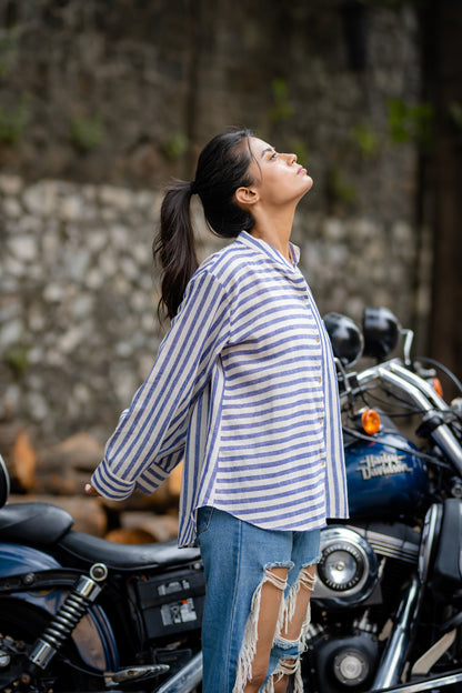 Blue Striped Casual Wear Shirt by Krushnachuda with Blue, Casual Wear, Handloom Cotton, Natural Dye, Organic, Regular Fit, Shirts, Stripes at Kamakhyaa for sustainable fashion