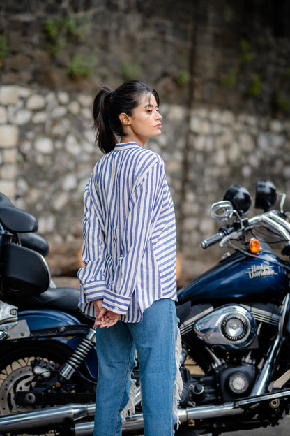 Blue Striped Casual Wear Shirt by Krushnachuda with Blue, Casual Wear, Handloom Cotton, Natural Dye, Organic, Regular Fit, Shirts, Stripes at Kamakhyaa for sustainable fashion