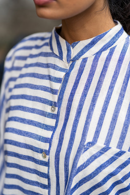 Blue Striped Casual Wear Shirt by Krushnachuda with Blue, Casual Wear, Handloom Cotton, Natural Dye, Organic, Regular Fit, Shirts, Stripes at Kamakhyaa for sustainable fashion