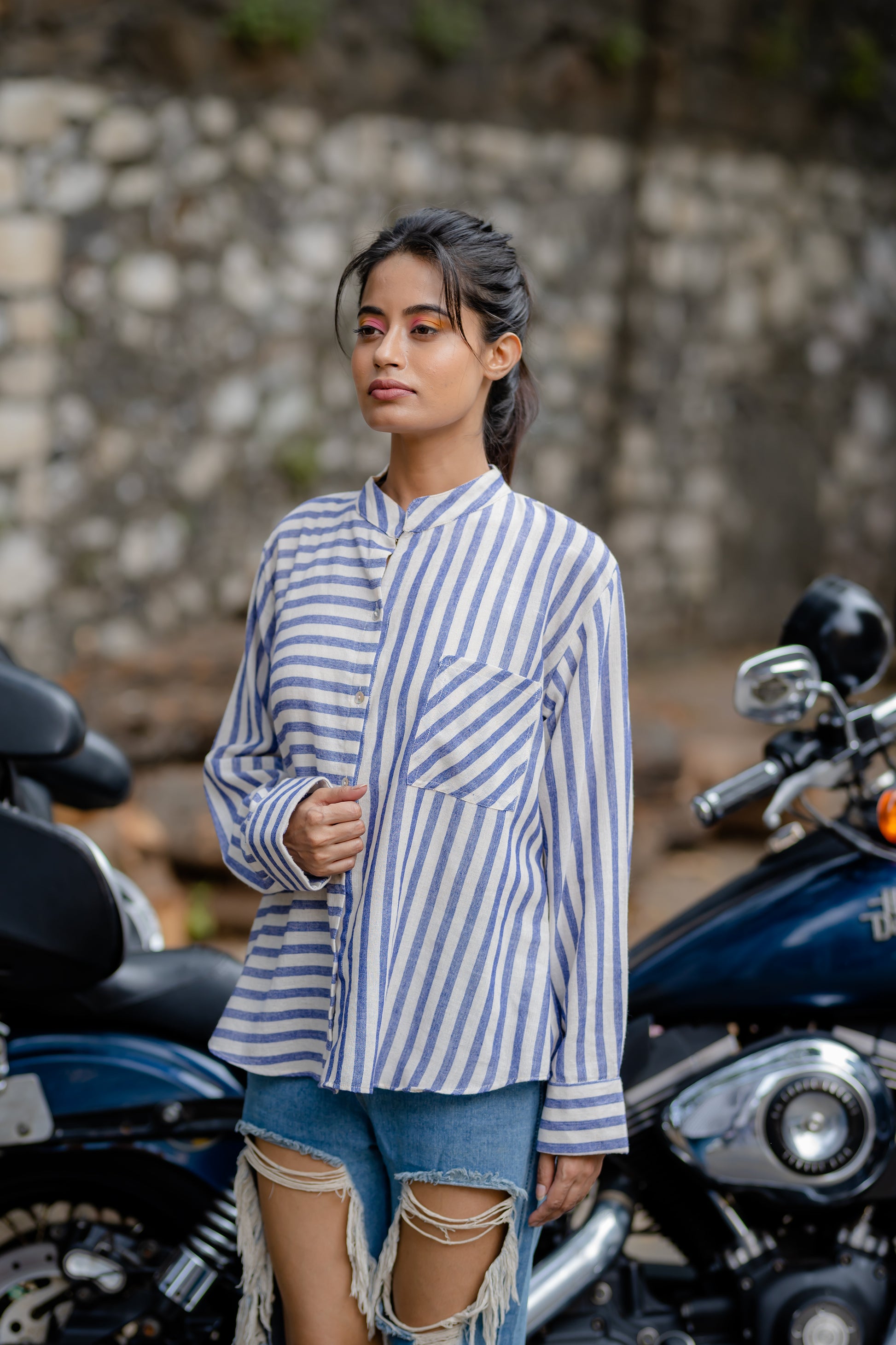 Blue Striped Casual Wear Shirt by Krushnachuda with Blue, Casual Wear, Handloom Cotton, Natural Dye, Organic, Regular Fit, Shirts, Stripes at Kamakhyaa for sustainable fashion