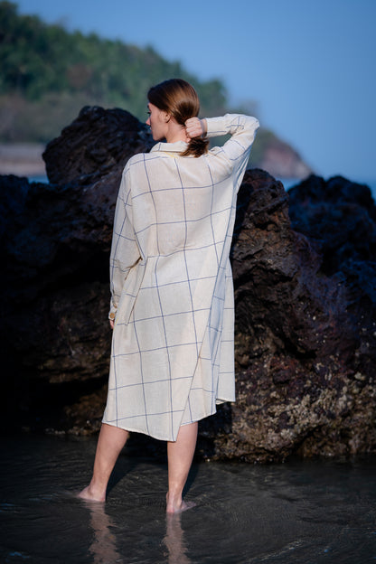 Checkered Cream & Blue Handloom Shirt Dress by Krushnachuda with at Kamakhyaa for sustainable fashion