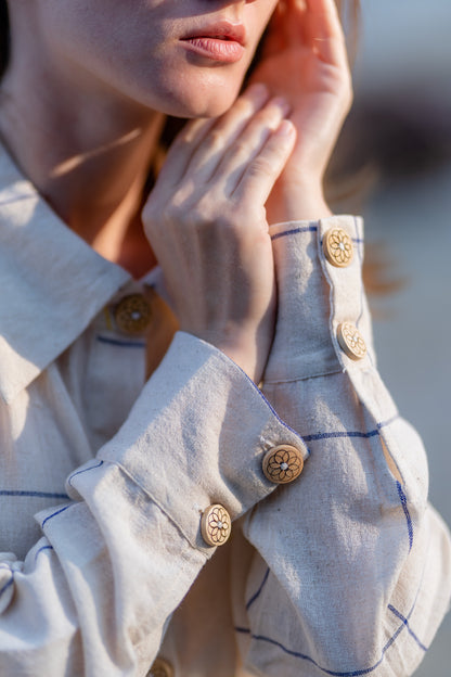 Checkered Cream & Blue Handloom Shirt Dress by Krushnachuda with at Kamakhyaa for sustainable fashion