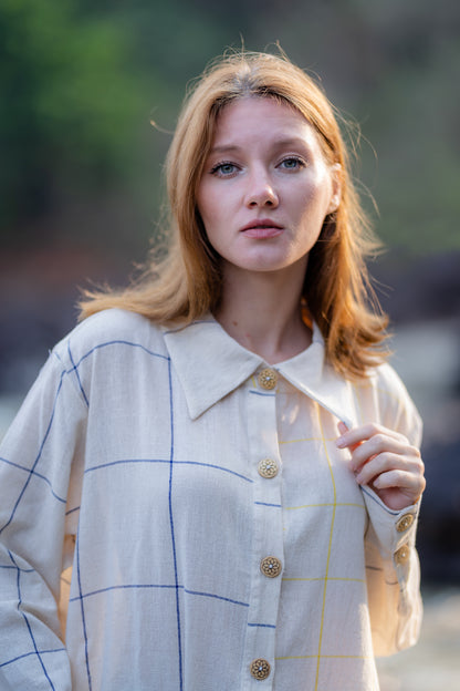 Checkered Cream & Blue Handloom Shirt Dress by Krushnachuda with at Kamakhyaa for sustainable fashion