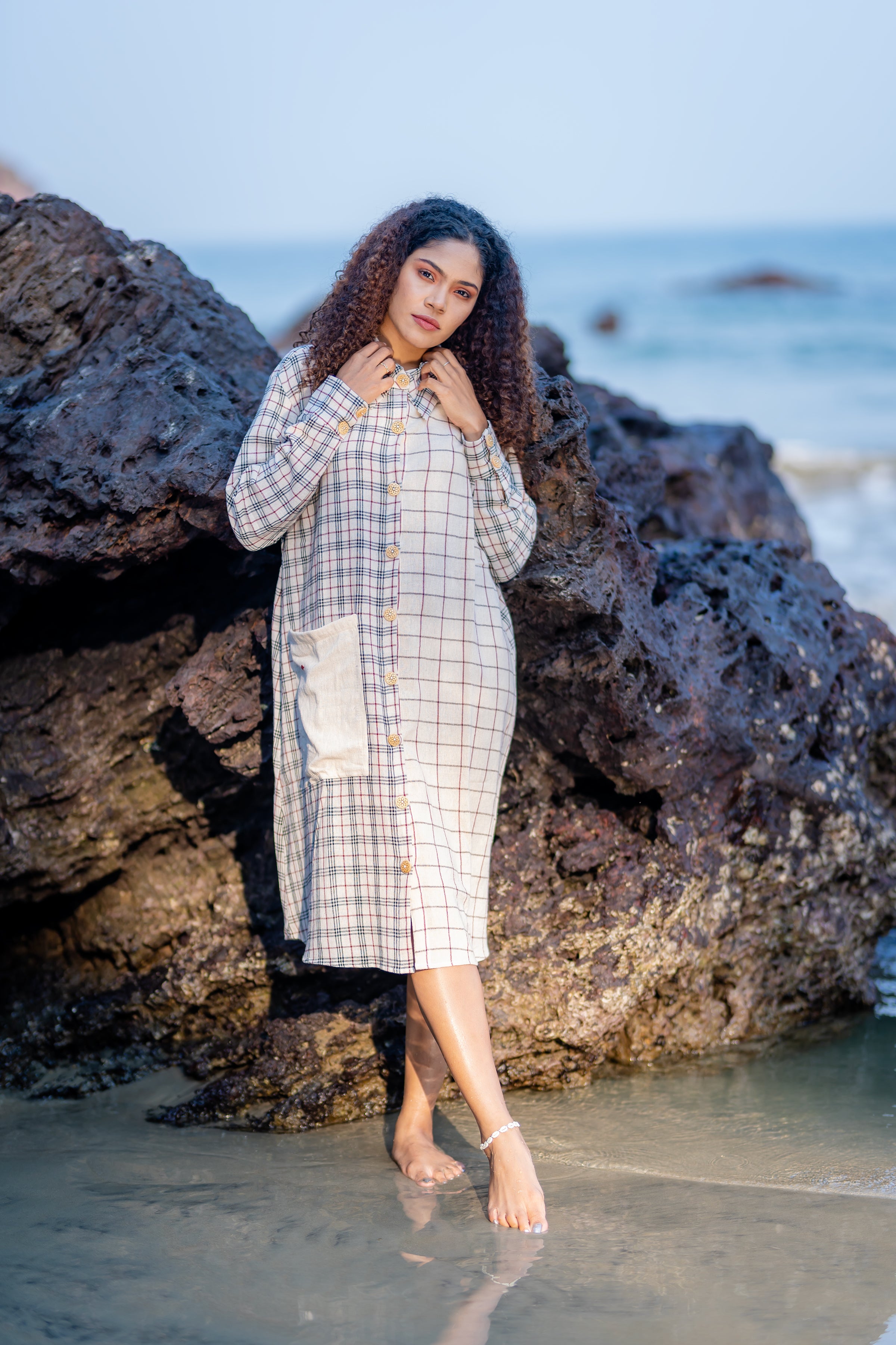 Handwoven White Checkered Shirt Dress by Krushnachuda with at Kamakhyaa for sustainable fashion