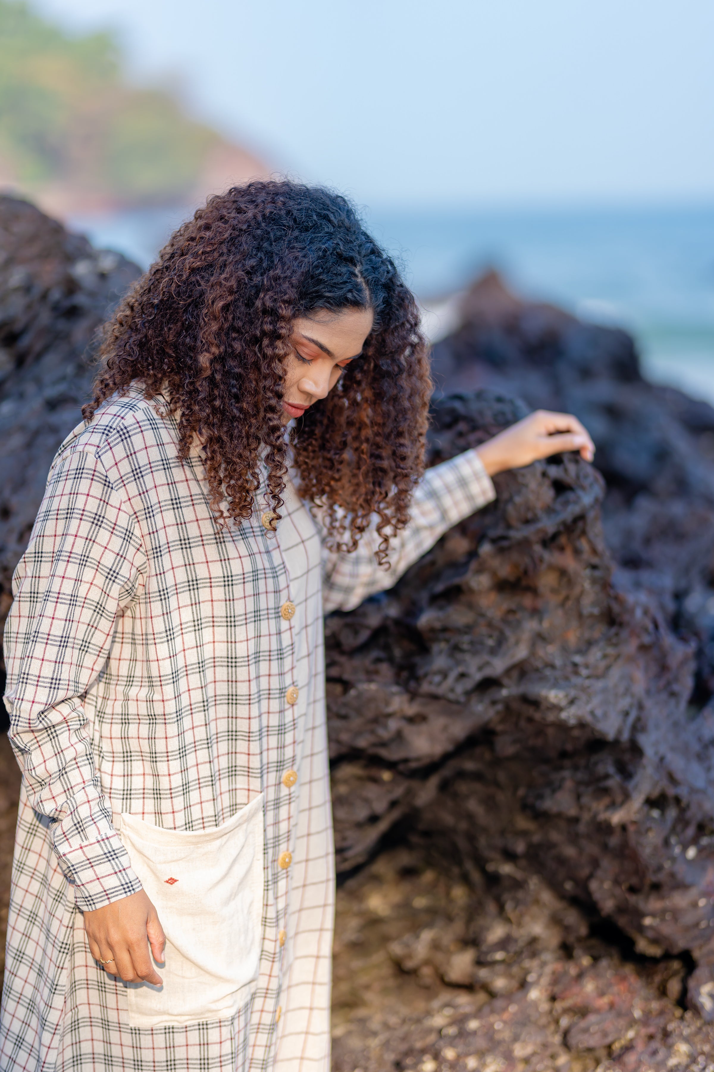 Handwoven White Checkered Shirt Dress by Krushnachuda with at Kamakhyaa for sustainable fashion