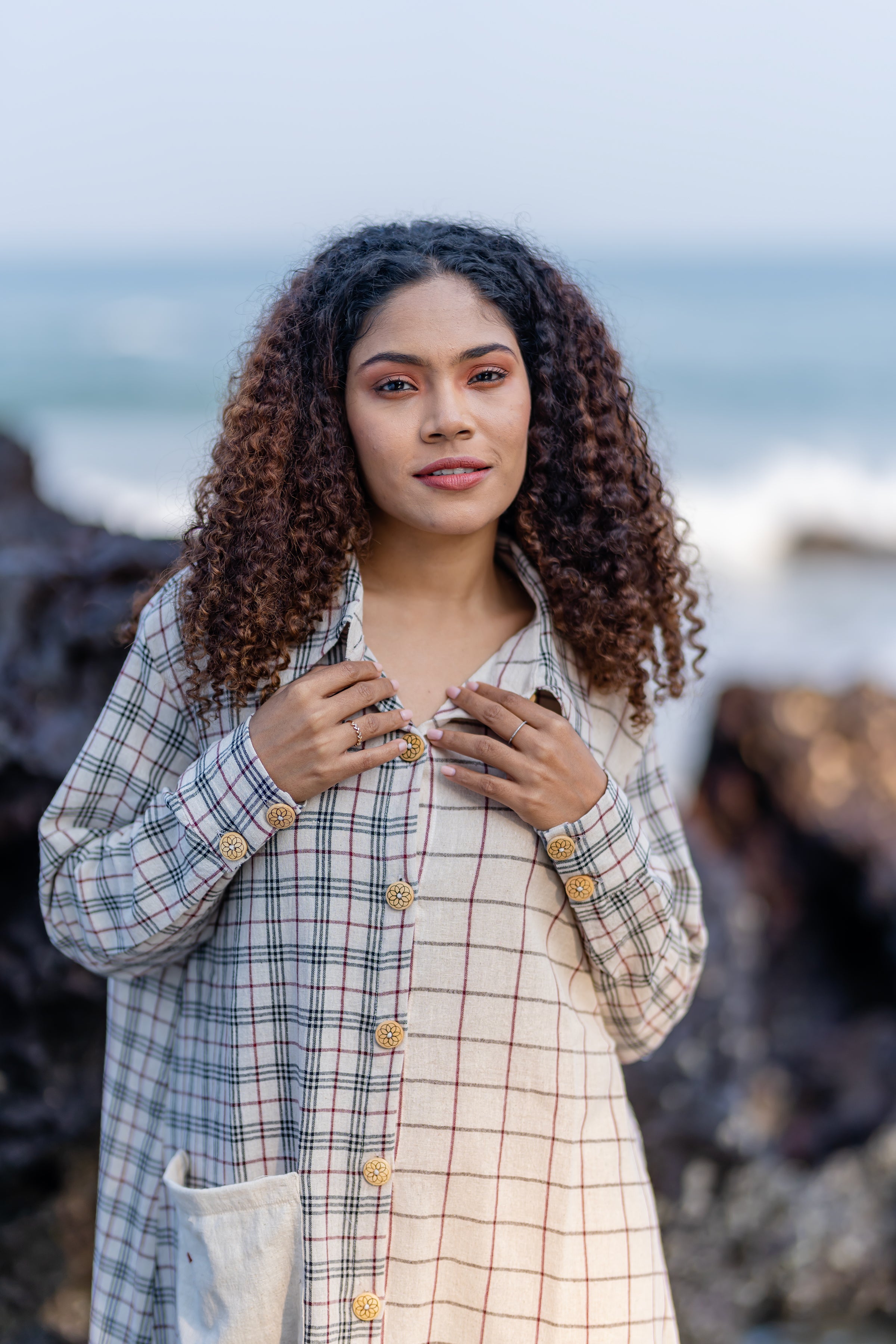 Handwoven White Checkered Shirt Dress by Krushnachuda with at Kamakhyaa for sustainable fashion