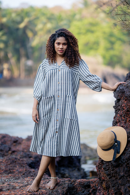 White & Grey Natural Dye Handloom Dress by Krushnachuda with at Kamakhyaa for sustainable fashion