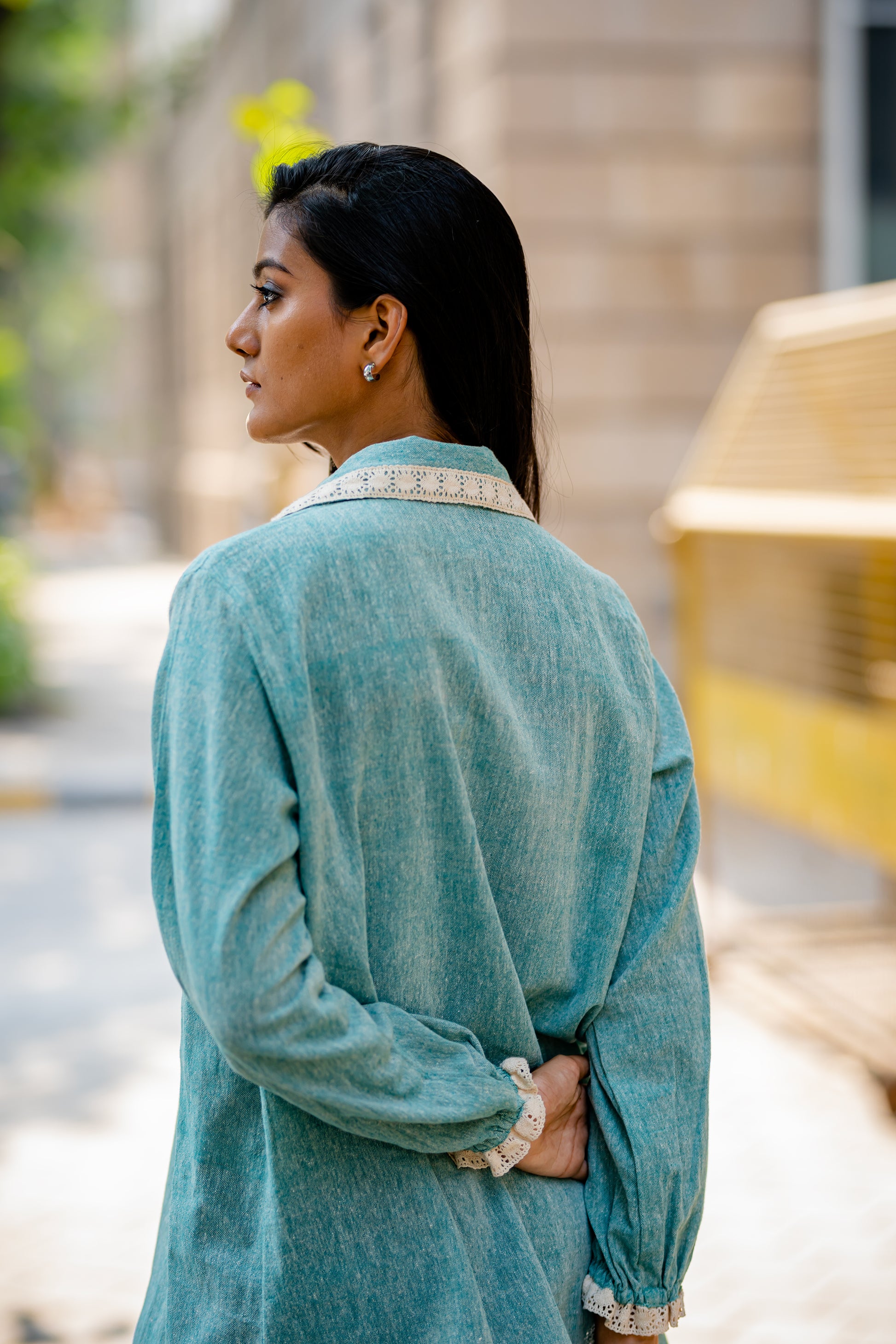 Sage Green Ruffled Sleeve Cotton Shirt by Krushnachuda with Casual Wear, Green, Handloom Cotton, Natural Dye, Organic, Regular Fit, Shirts, Solids at Kamakhyaa for sustainable fashion