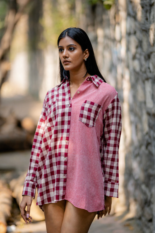 Pink Contrast Plaid Naturally Dyed Shirt by Krushnachuda with Casual Wear, Checks, Handloom Cotton, Natural Dye, Organic, Pink, Regular Fit, Shirts at Kamakhyaa for sustainable fashion