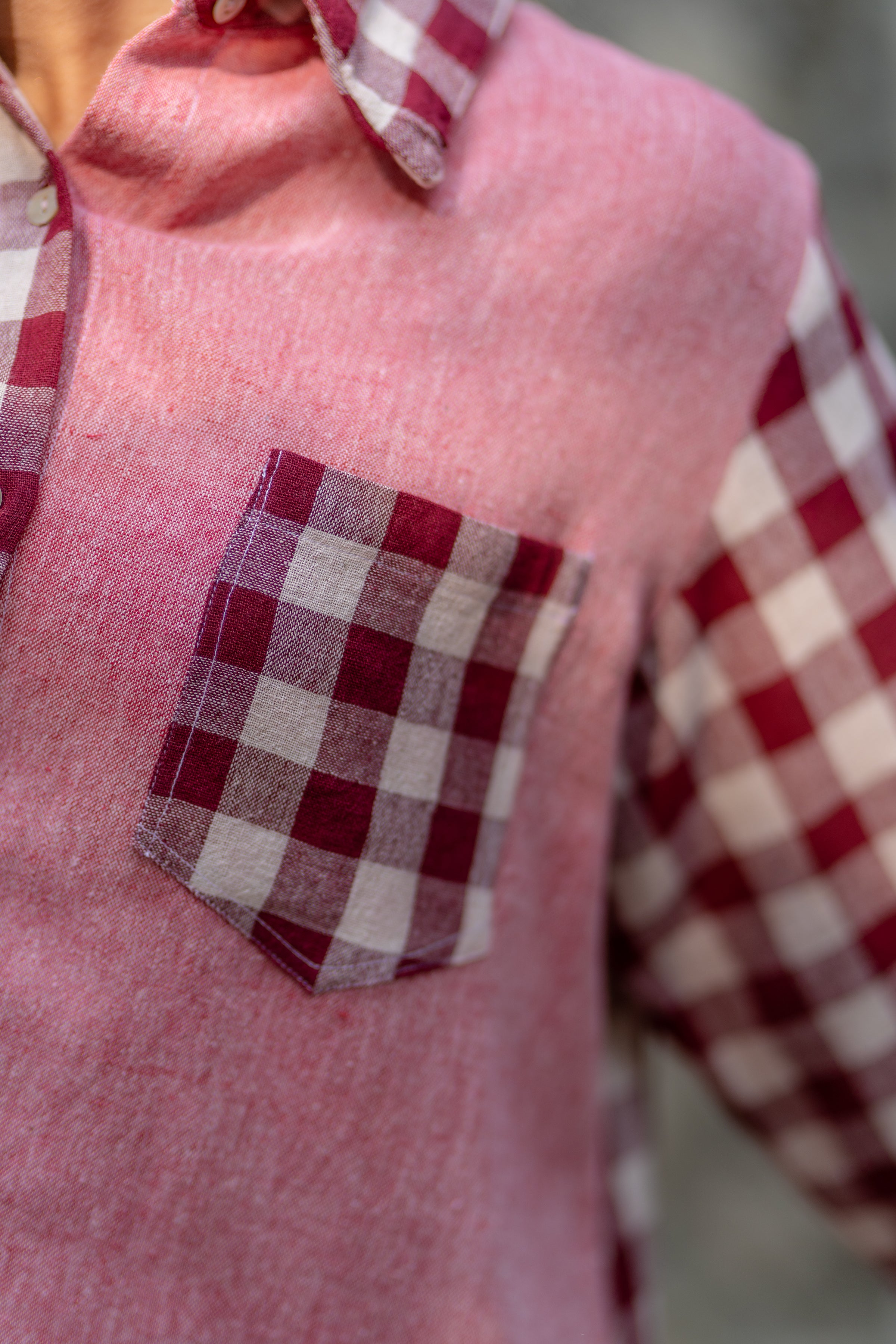 Pink Contrast Plaid Naturally Dyed Shirt by Krushnachuda with Casual Wear, Checks, Handloom Cotton, Natural Dye, Organic, Pink, Regular Fit, Shirts at Kamakhyaa for sustainable fashion