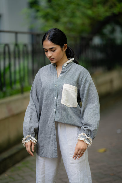 Solid Grey Cotton Shirt with Patch Pocket by Krushnachuda with Casual Wear, Grey, Handloom Cotton, Natural Dye, Organic, Regular Fit, Shirts, Solids at Kamakhyaa for sustainable fashion