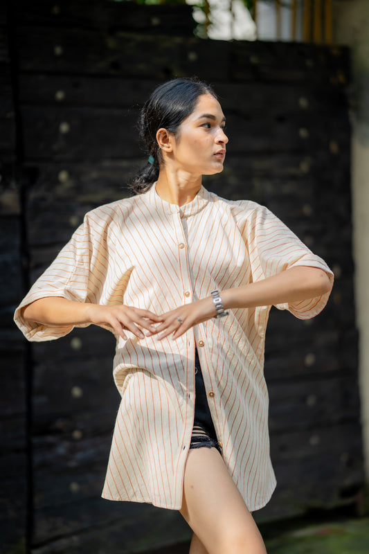 Relaxed Fit Striped Shirt with Kimono Sleeves by Krushnachuda with Casual Wear, Cream, Handloom Cotton, Natural Dye, Organic, Relaxed Fit, Shirts, Stripes at Kamakhyaa for sustainable fashion