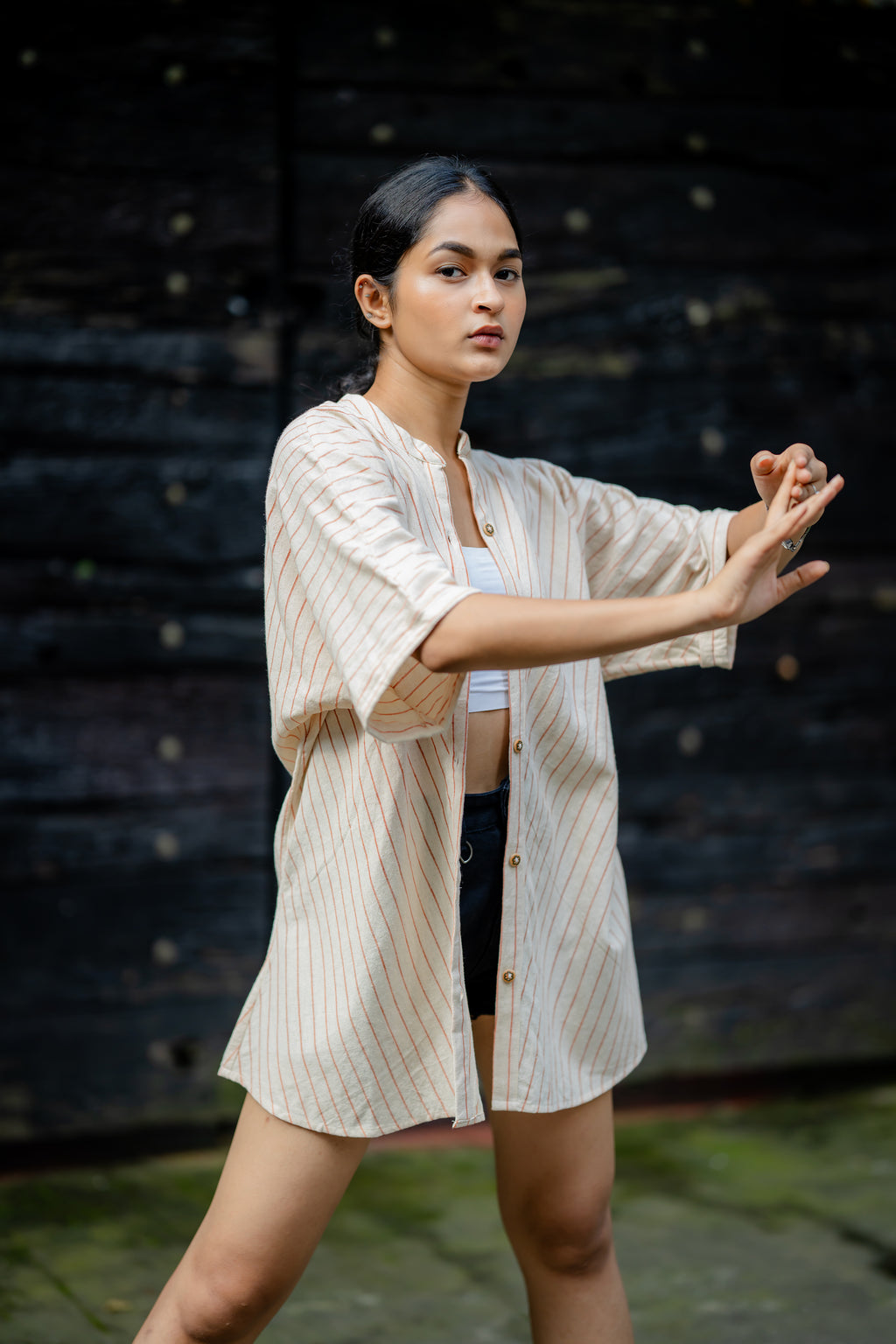 Relaxed Fit Striped Shirt with Kimono Sleeves by Krushnachuda with Casual Wear, Cream, Handloom Cotton, Natural Dye, Organic, Relaxed Fit, Shirts, Stripes at Kamakhyaa for sustainable fashion