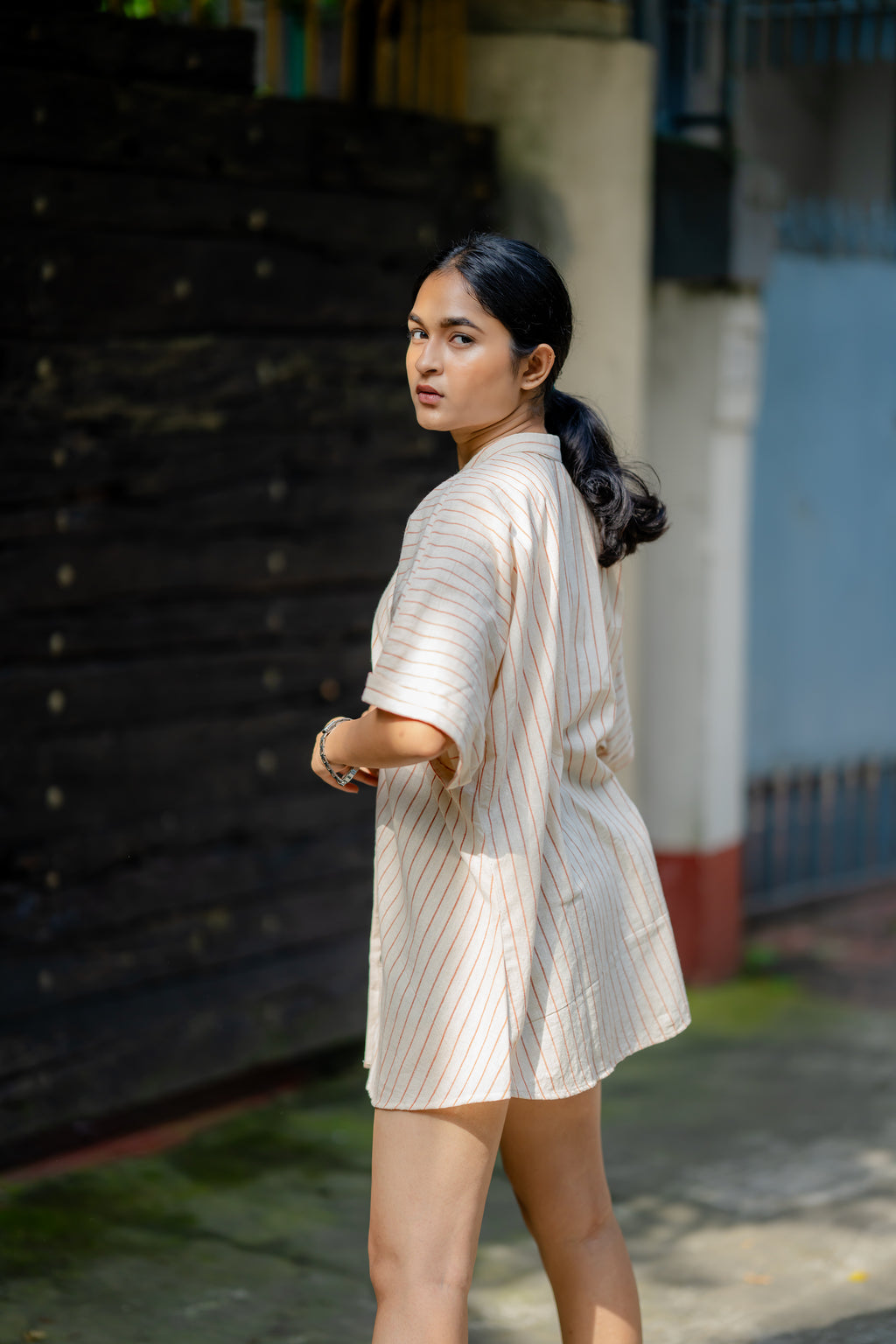 Relaxed Fit Striped Shirt with Kimono Sleeves by Krushnachuda with Casual Wear, Cream, Handloom Cotton, Natural Dye, Organic, Relaxed Fit, Shirts, Stripes at Kamakhyaa for sustainable fashion