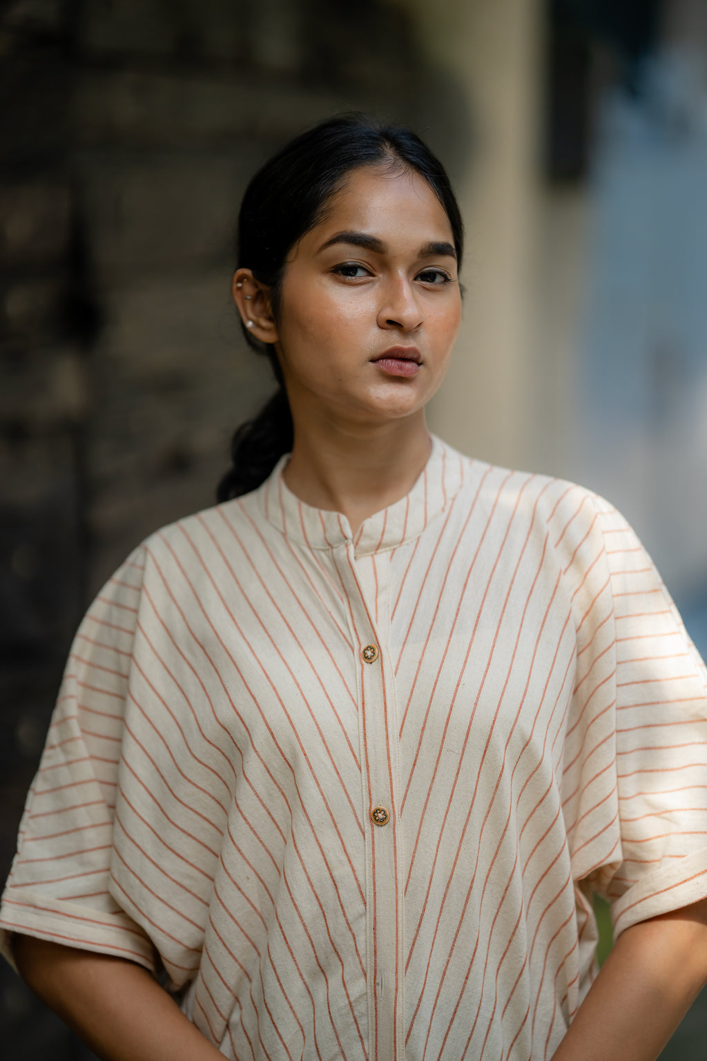 Relaxed Fit Striped Shirt with Kimono Sleeves by Krushnachuda with Casual Wear, Cream, Handloom Cotton, Natural Dye, Organic, Relaxed Fit, Shirts, Stripes at Kamakhyaa for sustainable fashion