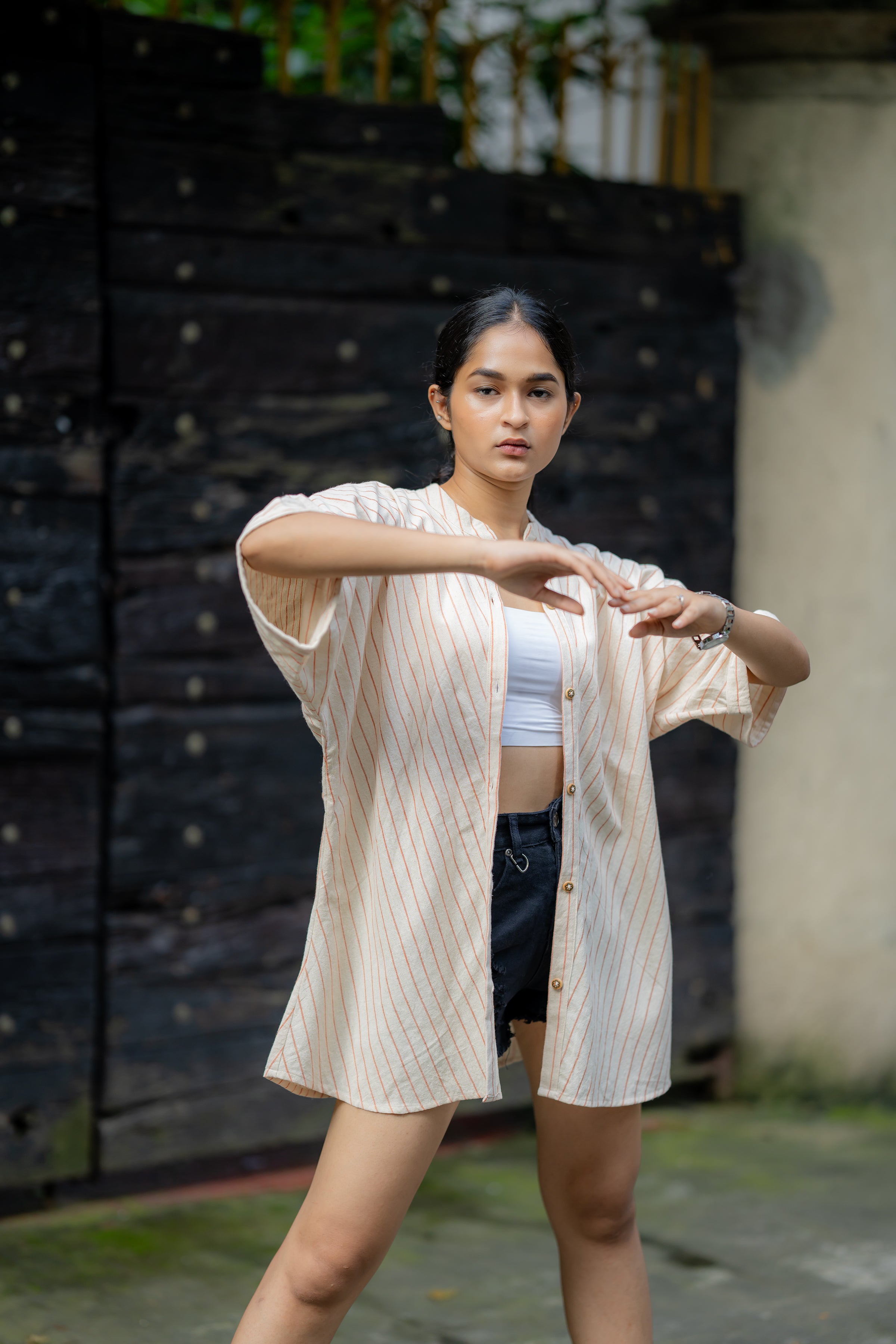 Relaxed Fit Striped Shirt with Kimono Sleeves by Krushnachuda with Casual Wear, Cream, Handloom Cotton, Natural Dye, Organic, Relaxed Fit, Shirts, Stripes at Kamakhyaa for sustainable fashion