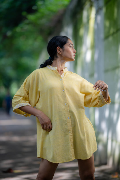 Yellow Mandarin Collar Handloom Cotton Shirt by Krushnachuda with Casual Wear, Handloom Cotton, Natural Dye, Organic, Relaxed Fit, Shirts, Solids, Yellow at Kamakhyaa for sustainable fashion