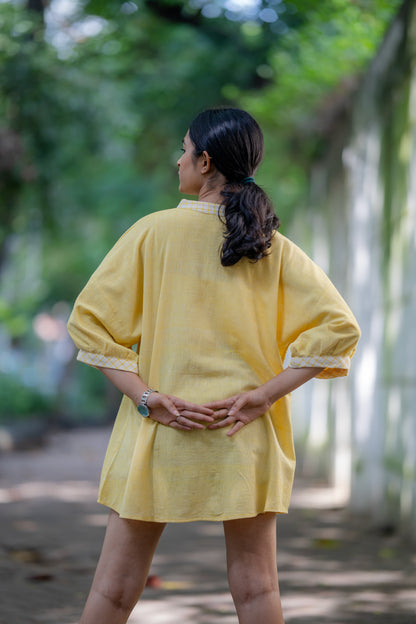 Yellow Mandarin Collar Handloom Cotton Shirt by Krushnachuda with Casual Wear, Handloom Cotton, Natural Dye, Organic, Relaxed Fit, Shirts, Solids, Yellow at Kamakhyaa for sustainable fashion