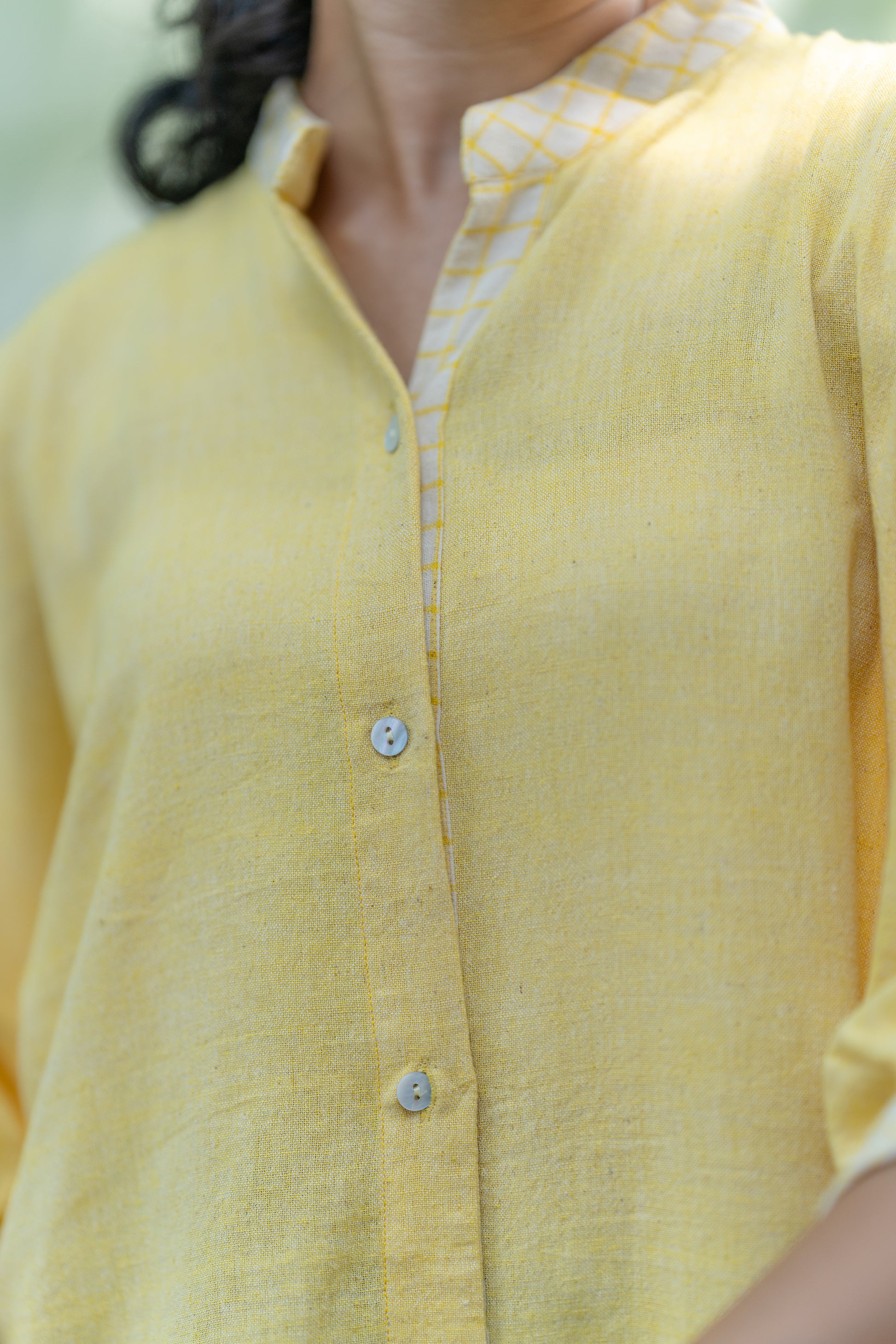 Yellow Mandarin Collar Handloom Cotton Shirt by Krushnachuda with Casual Wear, Handloom Cotton, Natural Dye, Organic, Relaxed Fit, Shirts, Solids, Yellow at Kamakhyaa for sustainable fashion