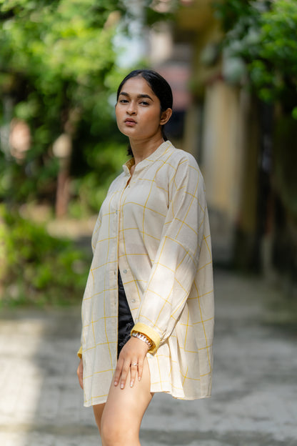 Yellow Casual Wear Check Shirt by Krushnachuda with Casual Wear, Checks, Handloom Cotton, Natural Dye, Organic, Relaxed Fit, Shirts, Yellow at Kamakhyaa for sustainable fashion