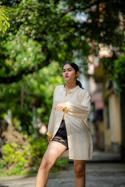 Yellow Casual Wear Check Shirt by Krushnachuda with Casual Wear, Checks, Handloom Cotton, Natural Dye, Organic, Relaxed Fit, Shirts, Yellow at Kamakhyaa for sustainable fashion