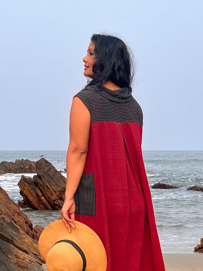 Natural Dye Cowl Neck Handloom Maroon Dress by Krushnachuda with at Kamakhyaa for sustainable fashion