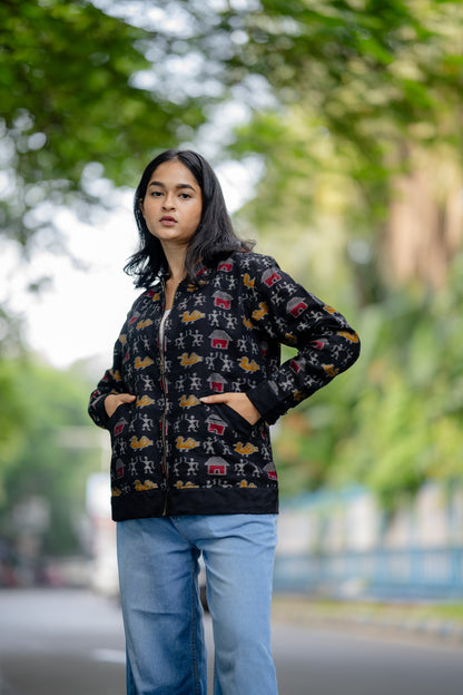 Black Tribal Motifs Cotton Bomber Jacket by Krushnachuda with Black, Handloom Cotton, Ikat Print, Jackets, Natural Dye, Organic, Outer Wear, Regular Fit at Kamakhyaa for sustainable fashion