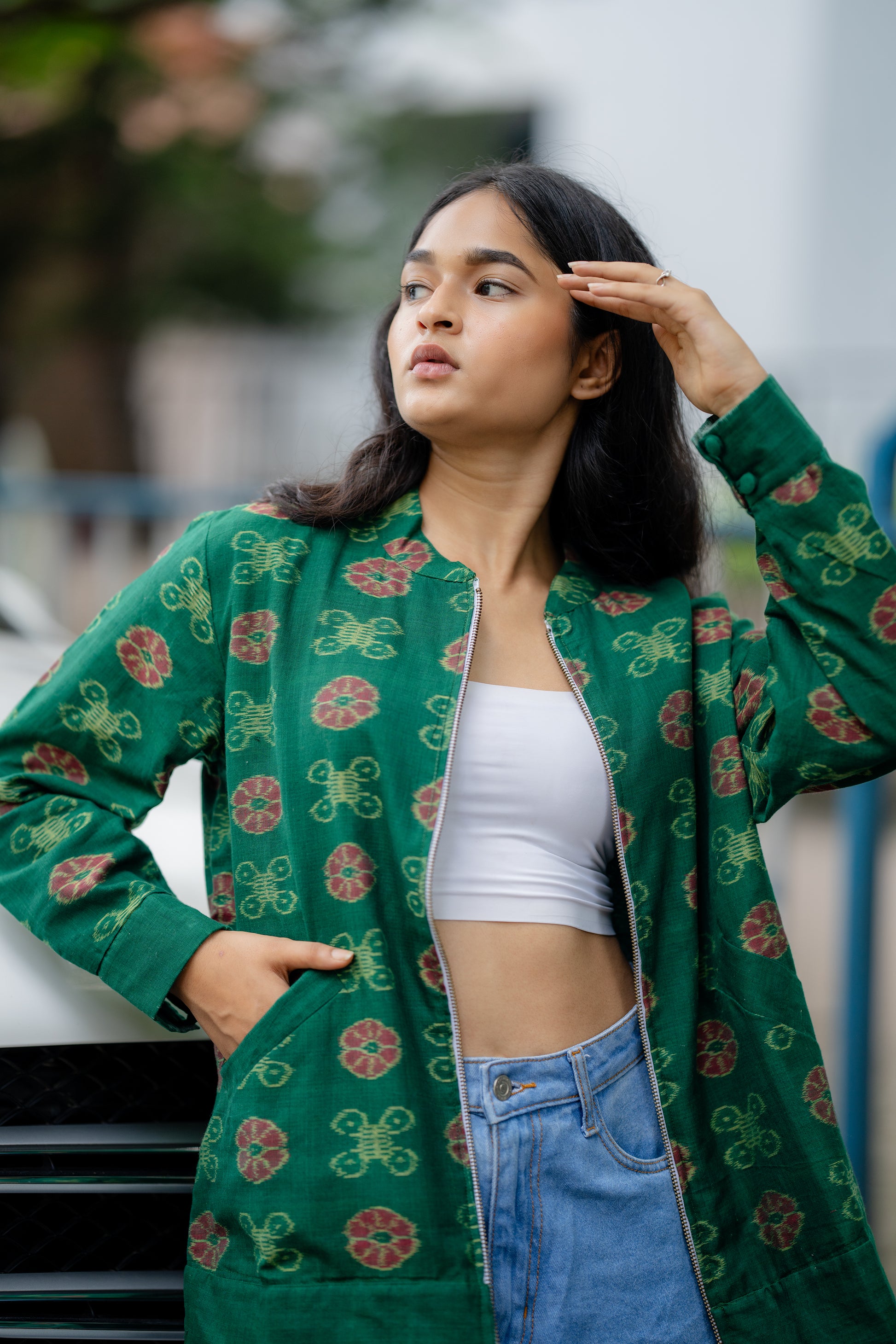 Green Organic Cotton Regular Fit Jacket by Krushnachuda with Green, Handloom Cotton, Ikat Print, Jackets, Natural Dye, Organic, Outer Wear, Regular Fit at Kamakhyaa for sustainable fashion