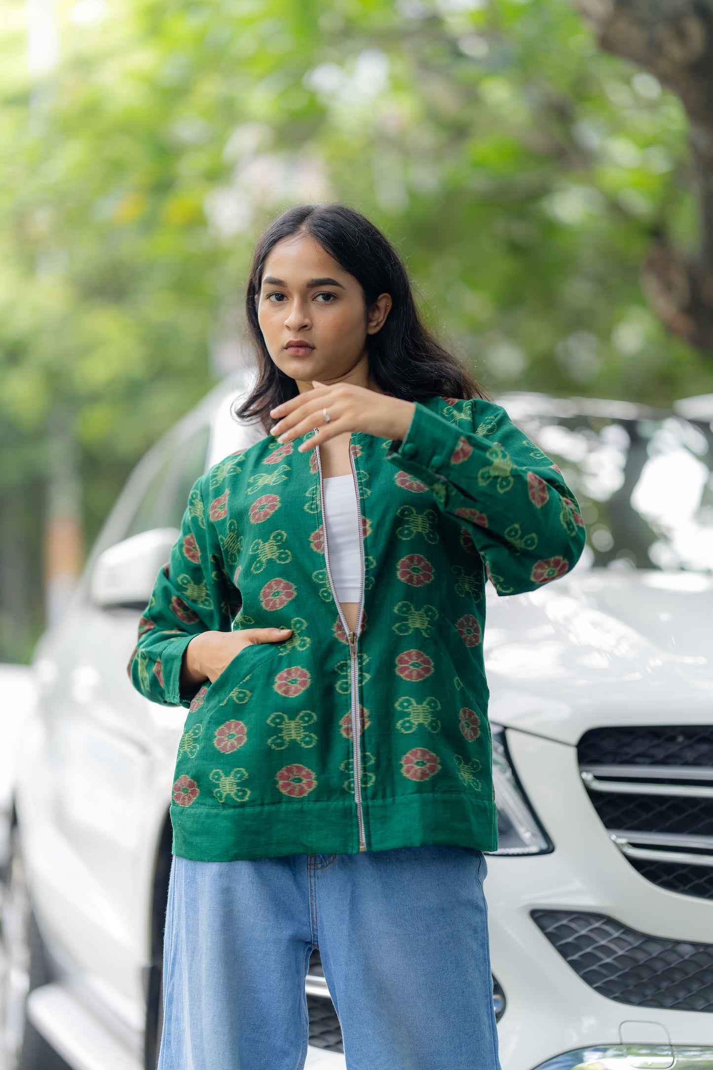 Green Organic Cotton Regular Fit Jacket by Krushnachuda with Green, Handloom Cotton, Ikat Print, Jackets, Natural Dye, Organic, Outer Wear, Regular Fit at Kamakhyaa for sustainable fashion