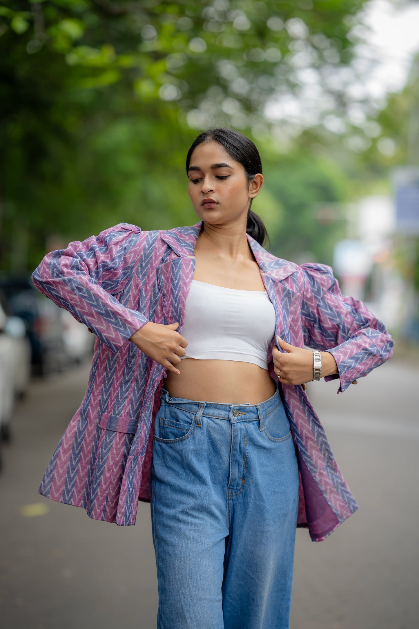 Purple Ikat Printed Handloom Cotton Jacket by Krushnachuda with Handloom Cotton, Ikat Print, Jackets, Natural Dye, Organic, Purple, Regular Fit, Work Wear at Kamakhyaa for sustainable fashion