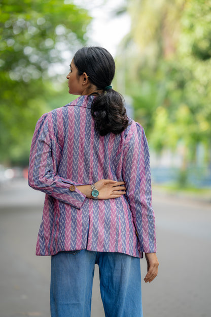 Purple Ikat Printed Handloom Cotton Jacket by Krushnachuda with Handloom Cotton, Ikat Print, Jackets, Natural Dye, Organic, Purple, Regular Fit, Work Wear at Kamakhyaa for sustainable fashion