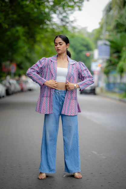 Purple Ikat Printed Handloom Cotton Jacket by Krushnachuda with Handloom Cotton, Ikat Print, Jackets, Natural Dye, Organic, Purple, Regular Fit, Work Wear at Kamakhyaa for sustainable fashion