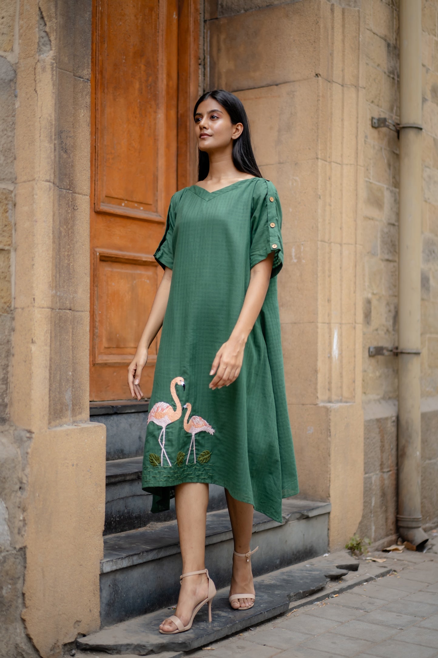 Green Hand-Embroidered A-Line Dress by Krushnachuda with Chilika by Krushnachuda, Embroidered, Green, Handloom Cotton, Loose Fit, Natural Dye, Organic, Outerwear, Womenswear at Kamakhyaa for sustainable fashion