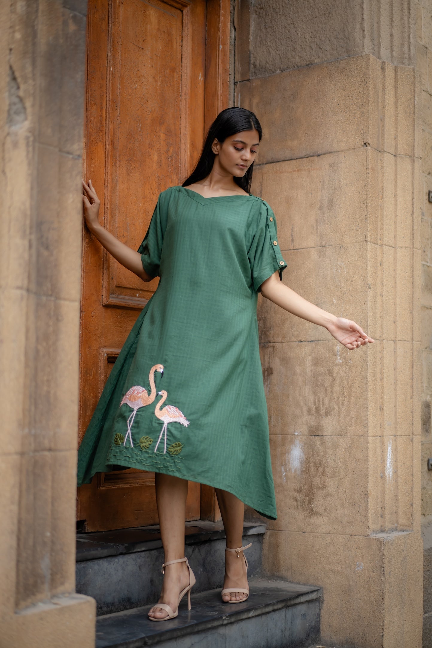 Green Hand-Embroidered A-Line Dress by Krushnachuda with Chilika by Krushnachuda, Embroidered, Green, Handloom Cotton, Loose Fit, Natural Dye, Organic, Outerwear, Womenswear at Kamakhyaa for sustainable fashion