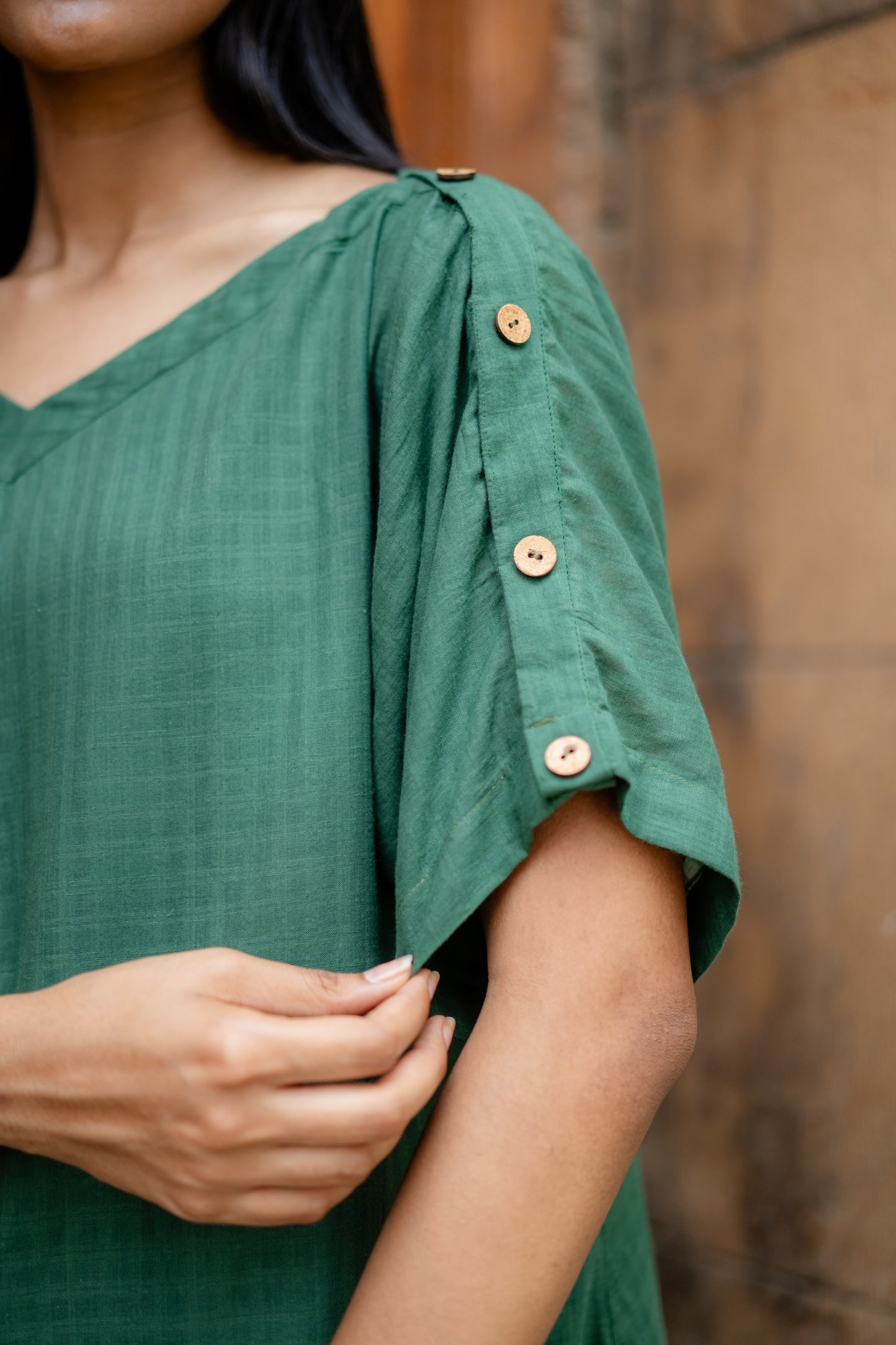 Green Hand-Embroidered A-Line Dress by Krushnachuda with Chilika by Krushnachuda, Embroidered, Green, Handloom Cotton, Loose Fit, Natural Dye, Organic, Outerwear, Womenswear at Kamakhyaa for sustainable fashion