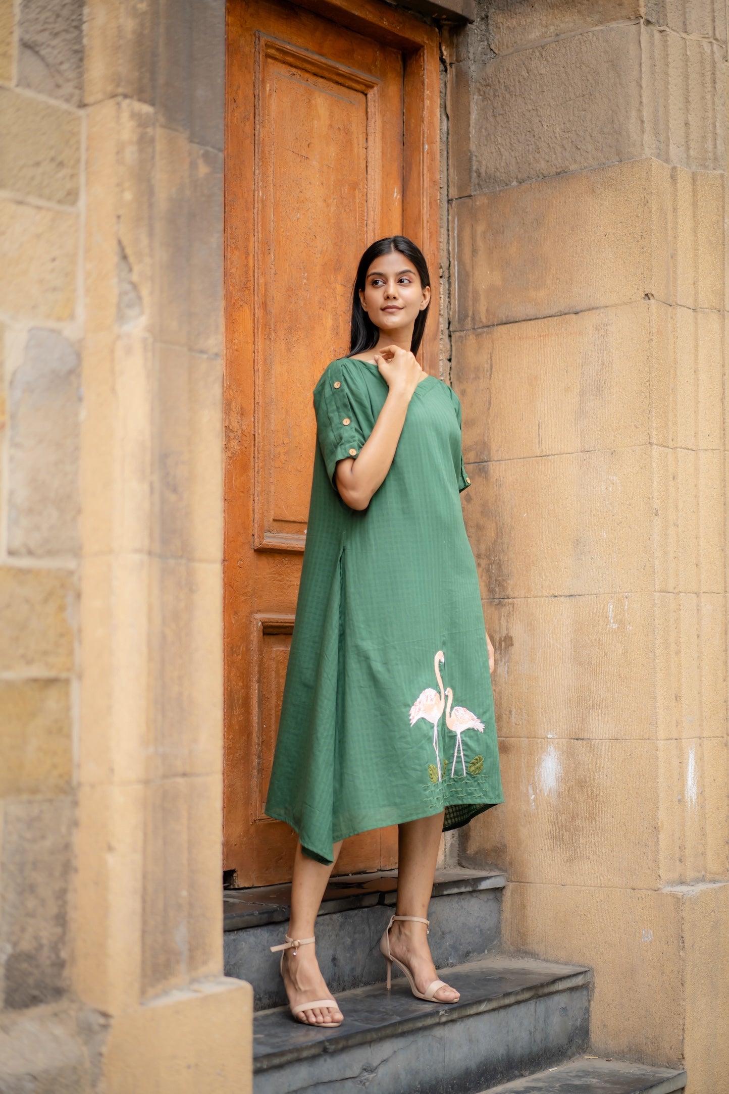 Green Hand-Embroidered A-Line Dress by Krushnachuda with Chilika by Krushnachuda, Embroidered, Green, Handloom Cotton, Loose Fit, Natural Dye, Organic, Outerwear, Womenswear at Kamakhyaa for sustainable fashion