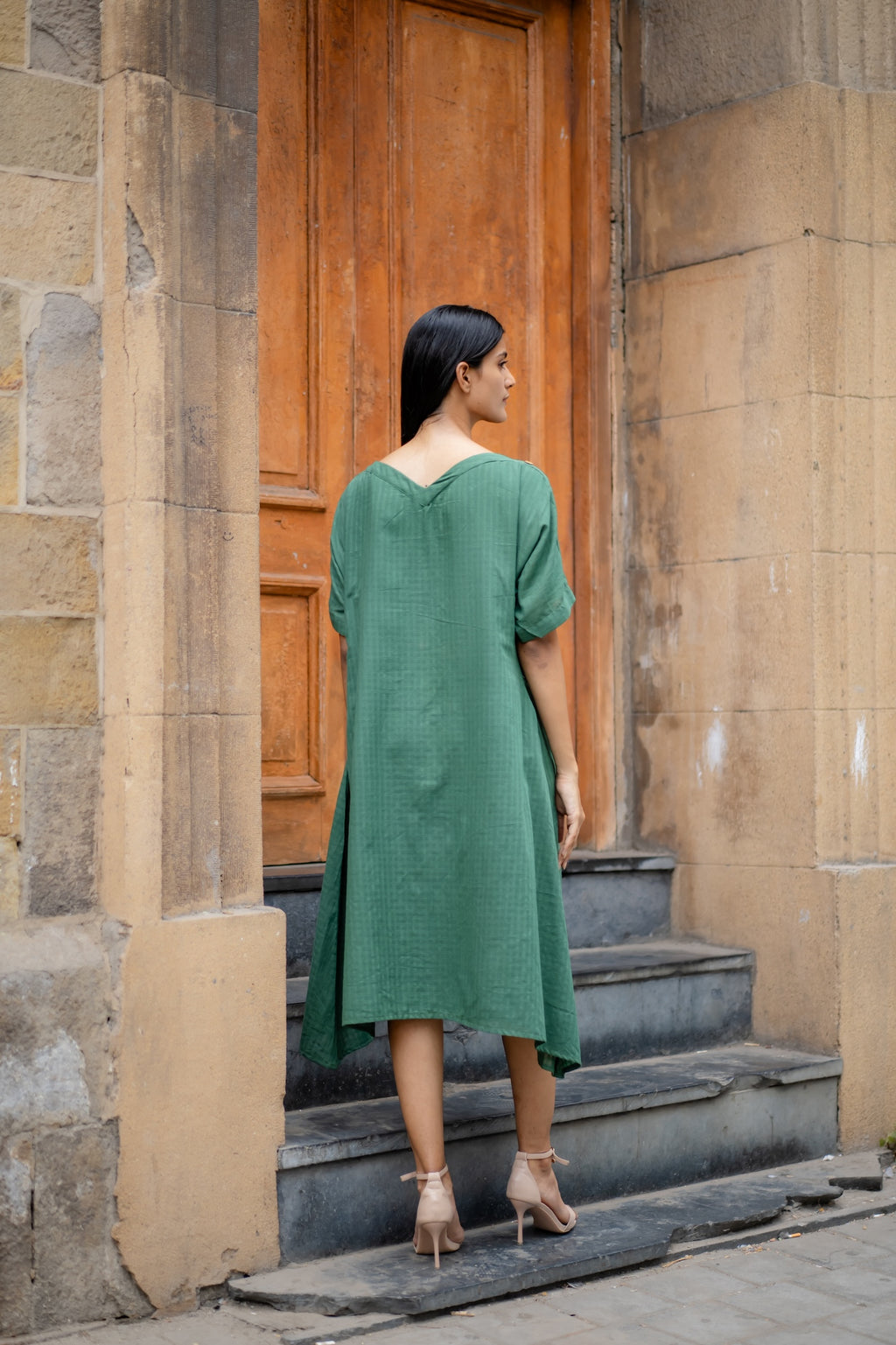 Green Hand-Embroidered A-Line Dress by Krushnachuda with Chilika by Krushnachuda, Embroidered, Green, Handloom Cotton, Loose Fit, Natural Dye, Organic, Outerwear, Womenswear at Kamakhyaa for sustainable fashion