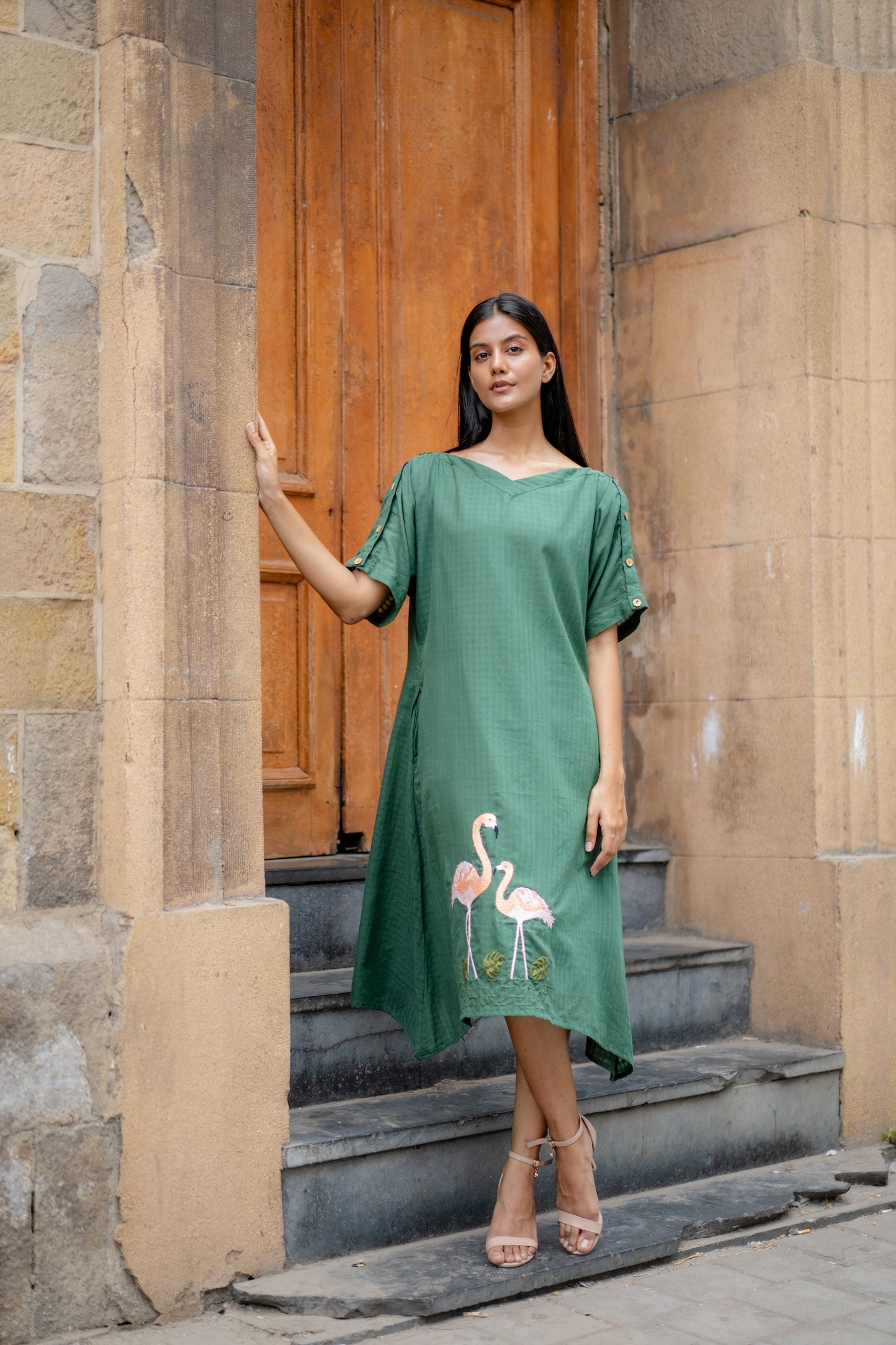 Green Hand-Embroidered A-Line Dress by Krushnachuda with Chilika by Krushnachuda, Embroidered, Green, Handloom Cotton, Loose Fit, Natural Dye, Organic, Outerwear, Womenswear at Kamakhyaa for sustainable fashion