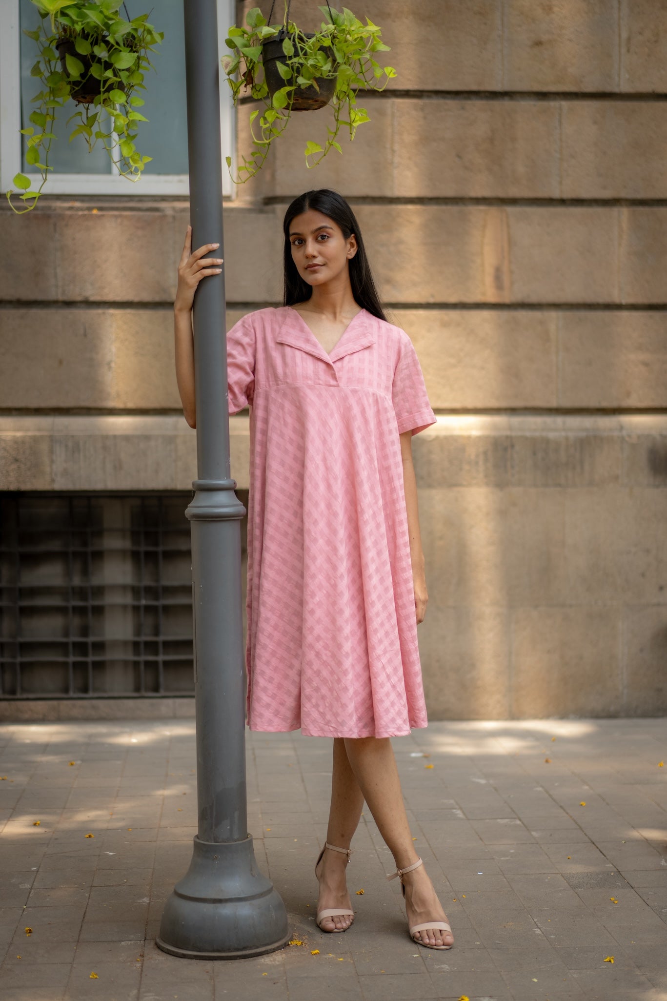 Pink Textured A-line Dress by Krushnachuda with Chilika by Krushnachuda, Handloom Cotton, Loose Fit, Natural Dye, Organic, Outerwear, Pink, Self design, Womenswear at Kamakhyaa for sustainable fashion