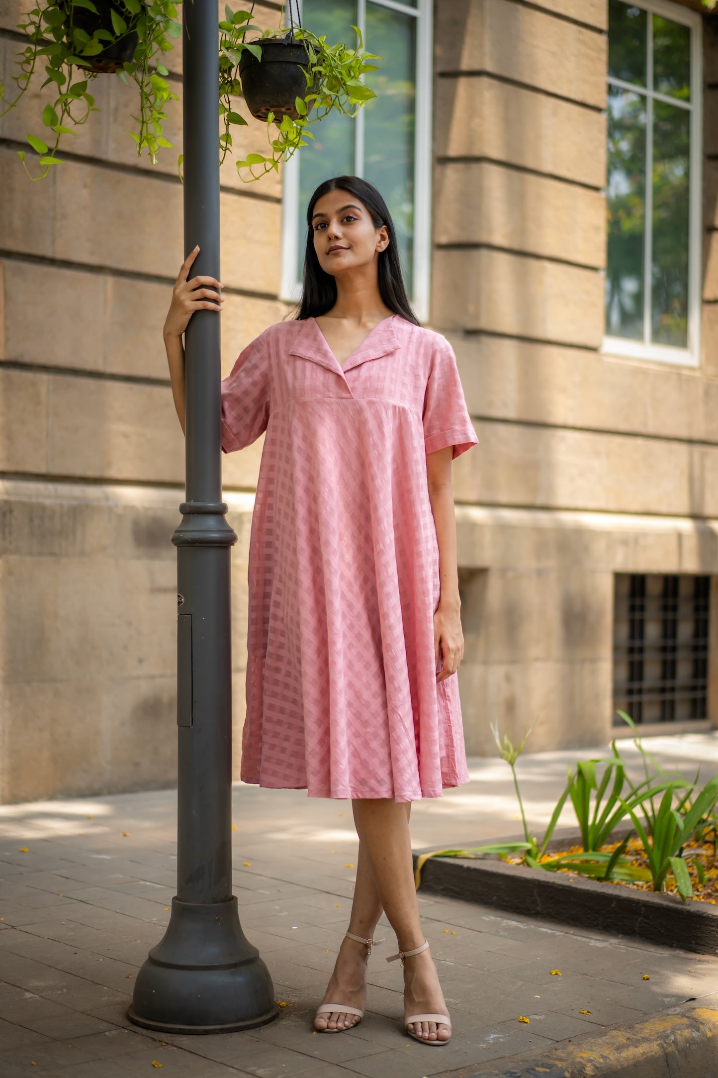 Pink Textured A-line Dress by Krushnachuda with Chilika by Krushnachuda, Handloom Cotton, Loose Fit, Natural Dye, Organic, Outerwear, Pink, Self design, Womenswear at Kamakhyaa for sustainable fashion