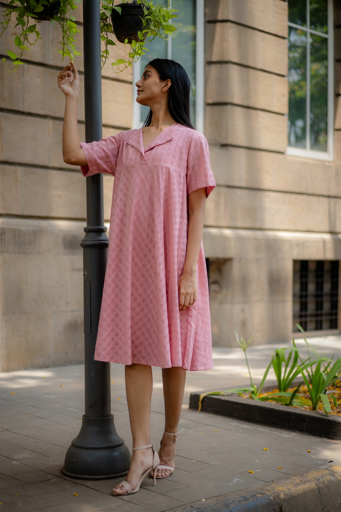 Pink Textured A-line Dress by Krushnachuda with Chilika by Krushnachuda, Handloom Cotton, Loose Fit, Natural Dye, Organic, Outerwear, Pink, Self design, Womenswear at Kamakhyaa for sustainable fashion