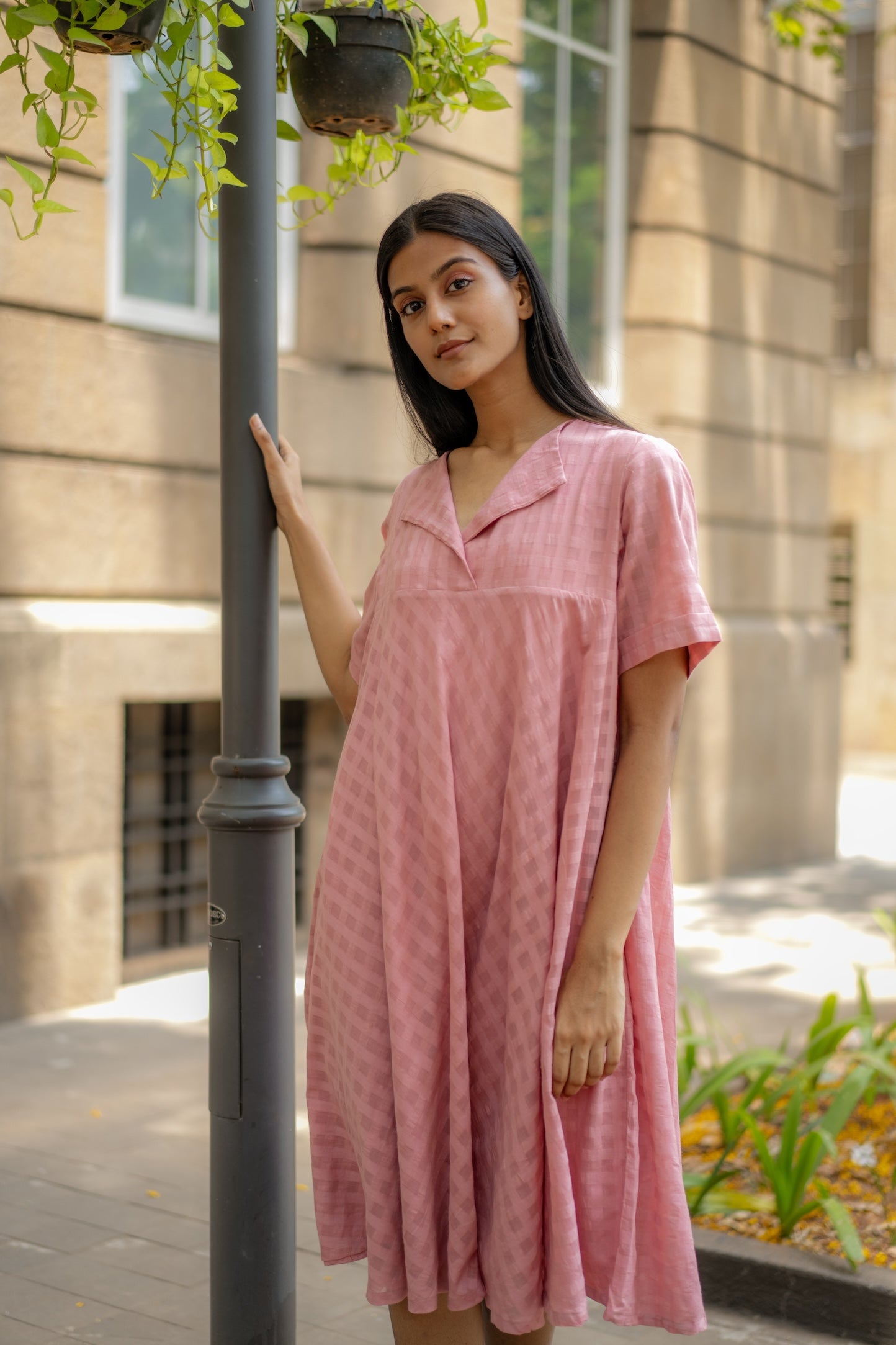 Pink Textured A-line Dress by Krushnachuda with Chilika by Krushnachuda, Handloom Cotton, Loose Fit, Natural Dye, Organic, Outerwear, Pink, Self design, Womenswear at Kamakhyaa for sustainable fashion