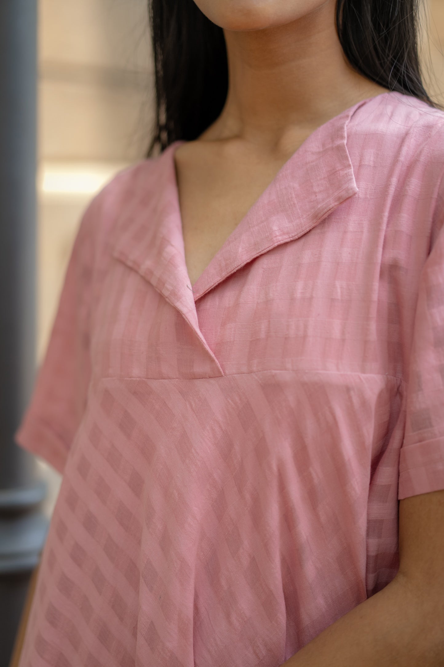 Pink Textured A-line Dress by Krushnachuda with Chilika by Krushnachuda, Handloom Cotton, Loose Fit, Natural Dye, Organic, Outerwear, Pink, Self design, Womenswear at Kamakhyaa for sustainable fashion