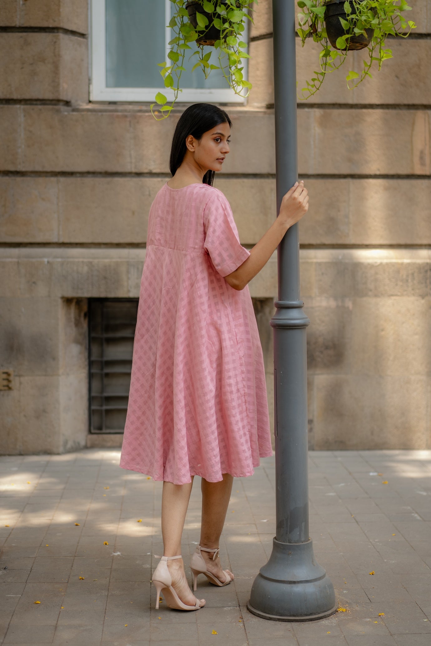 Pink Textured A-line Dress by Krushnachuda with Chilika by Krushnachuda, Handloom Cotton, Loose Fit, Natural Dye, Organic, Outerwear, Pink, Self design, Womenswear at Kamakhyaa for sustainable fashion
