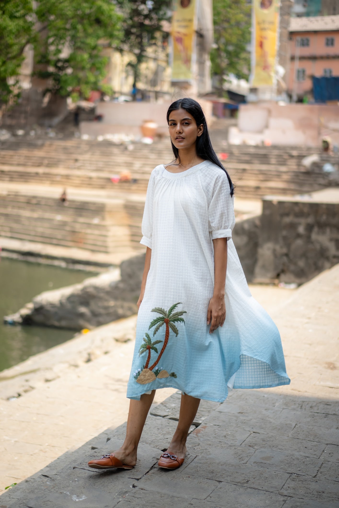 White Blue Ombre Hand-Embroidered Dress by Krushnachuda with Chilika by Krushnachuda, Embroidered, Handloom Cotton, Loose Fit, Natural Dye, Organic, Outerwear, White, Womenswear at Kamakhyaa for sustainable fashion