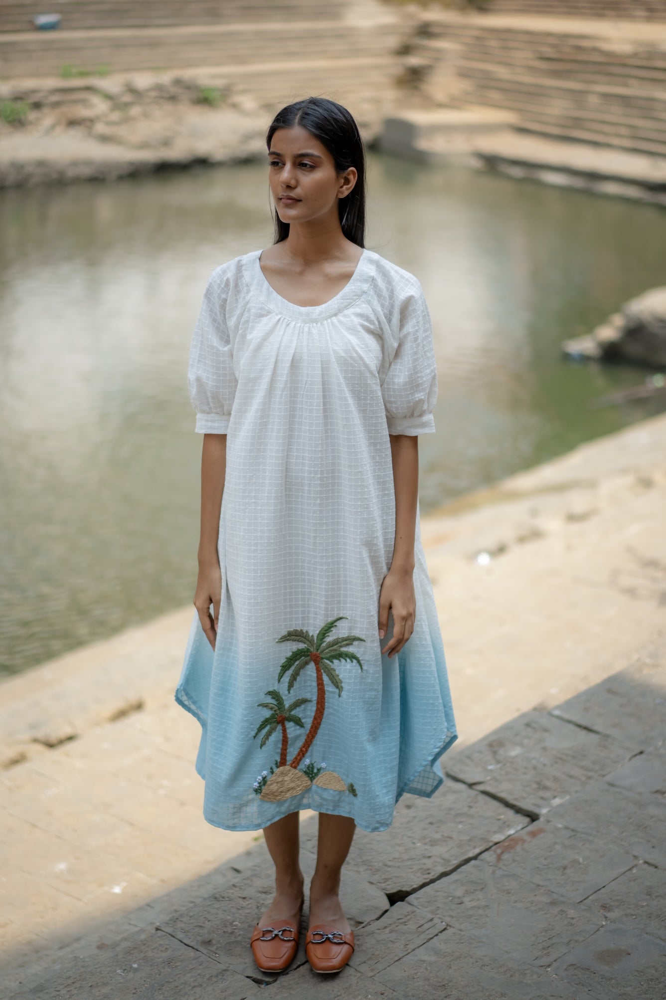 White Blue Ombre Hand-Embroidered Dress by Krushnachuda with Chilika by Krushnachuda, Embroidered, Handloom Cotton, Loose Fit, Natural Dye, Organic, Outerwear, White, Womenswear at Kamakhyaa for sustainable fashion