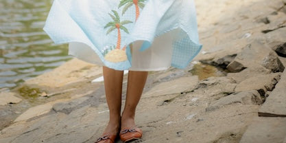 White Blue Ombre Hand-Embroidered Dress by Krushnachuda with Chilika by Krushnachuda, Embroidered, Handloom Cotton, Loose Fit, Natural Dye, Organic, Outerwear, White, Womenswear at Kamakhyaa for sustainable fashion