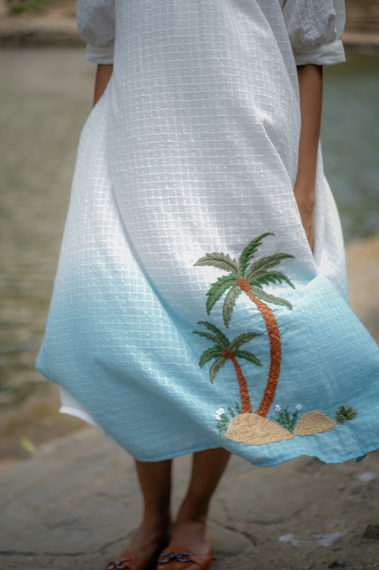 White Blue Ombre Hand-Embroidered Dress by Krushnachuda with Chilika by Krushnachuda, Embroidered, Handloom Cotton, Loose Fit, Natural Dye, Organic, Outerwear, White, Womenswear at Kamakhyaa for sustainable fashion