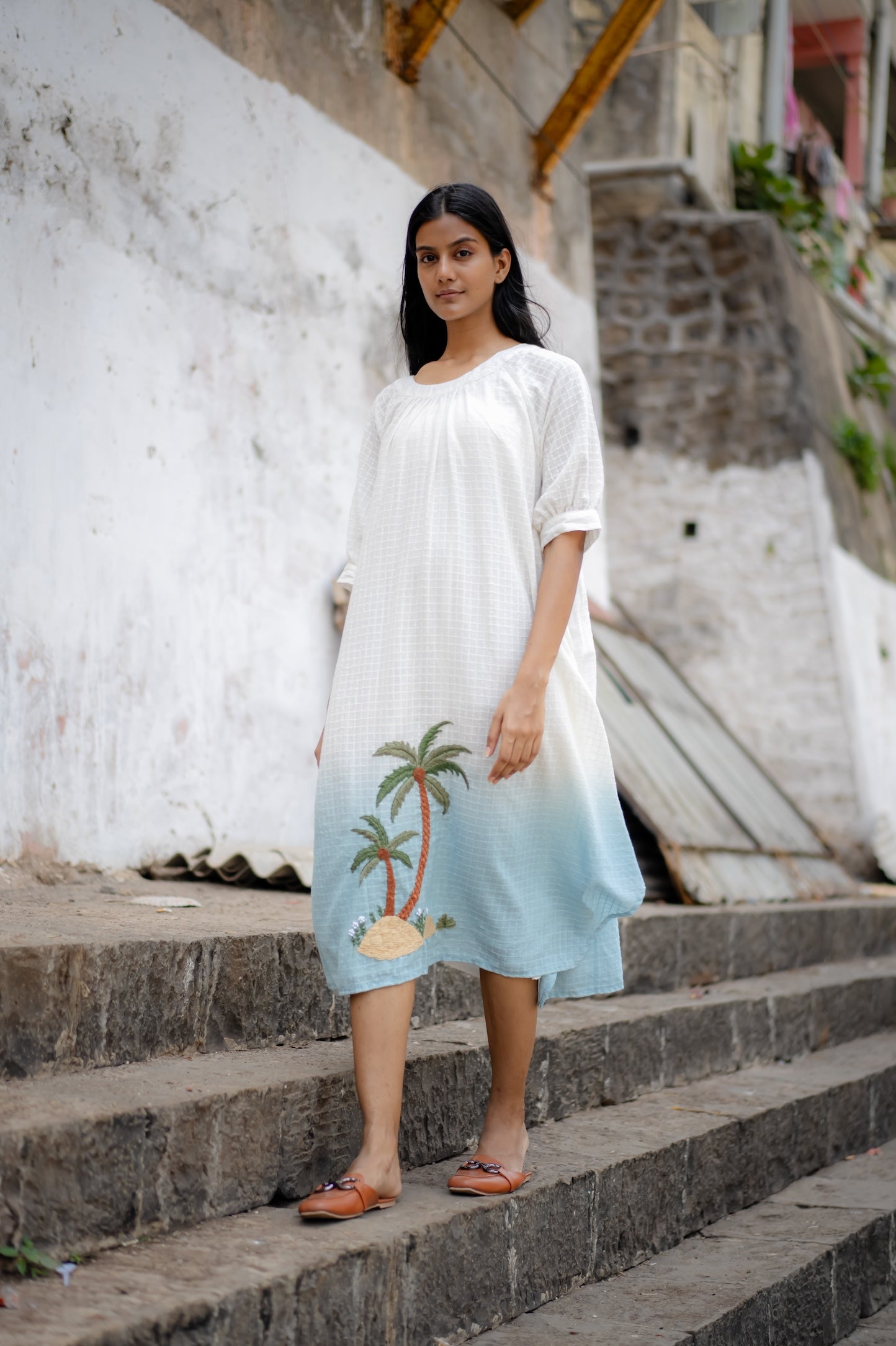 White Blue Ombre Hand-Embroidered Dress by Krushnachuda with Chilika by Krushnachuda, Embroidered, Handloom Cotton, Loose Fit, Natural Dye, Organic, Outerwear, White, Womenswear at Kamakhyaa for sustainable fashion