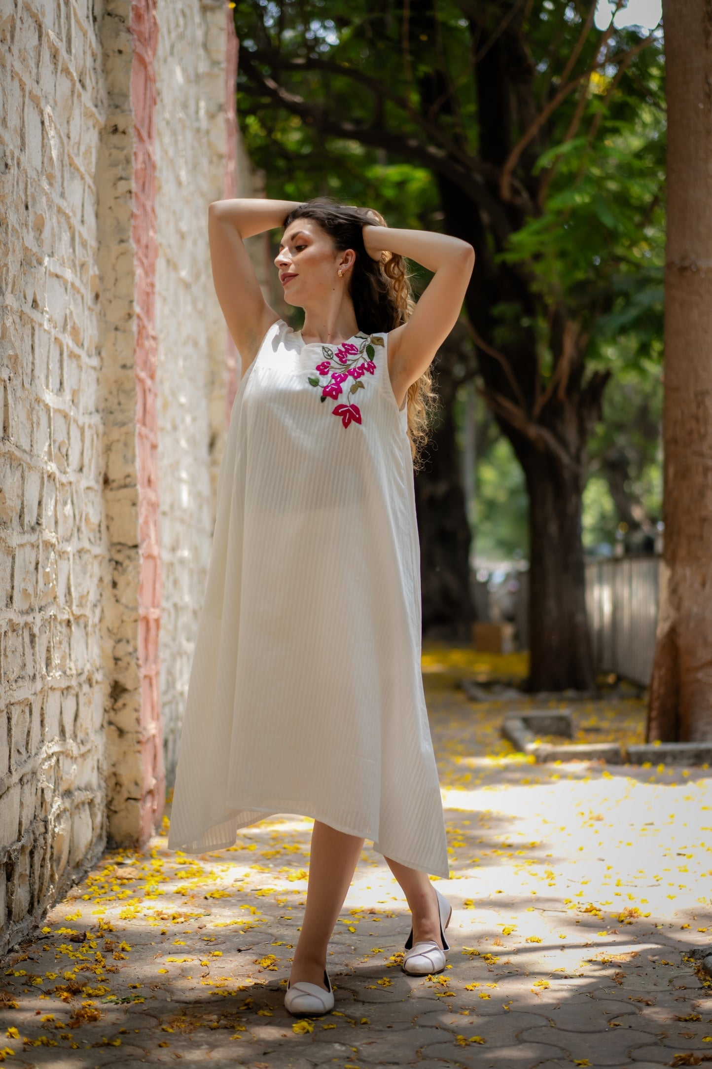 White A-line Dress with Floral Hand-Embroidery by Krushnachuda with Chilika by Krushnachuda, Embroidered, Handloom Cotton, Loose Fit, Natural Dye, Organic, Outerwear, White, Womenswear at Kamakhyaa for sustainable fashion